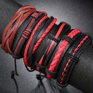Men's Genuine Leather Red & Black Adjustable Bracelet Set